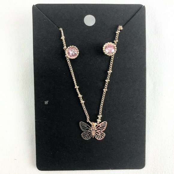 LC Lauren Conrad Necklace Earrings Set Copper-Tone Butterfly Pink Rhinestones - Picture 1 of 1
